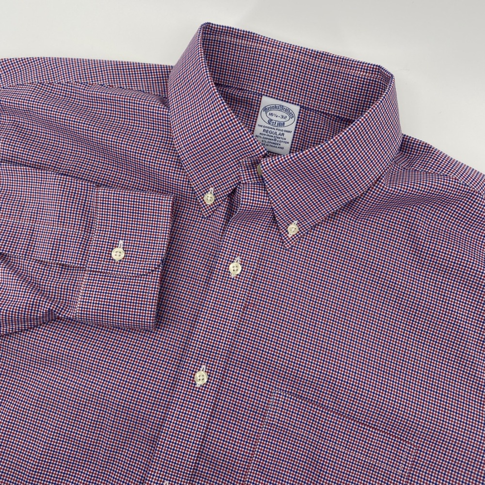 Brooks Brothers Button Down Shirt Mens 16.5-32 Red Blue Non-Iron Regular Fit